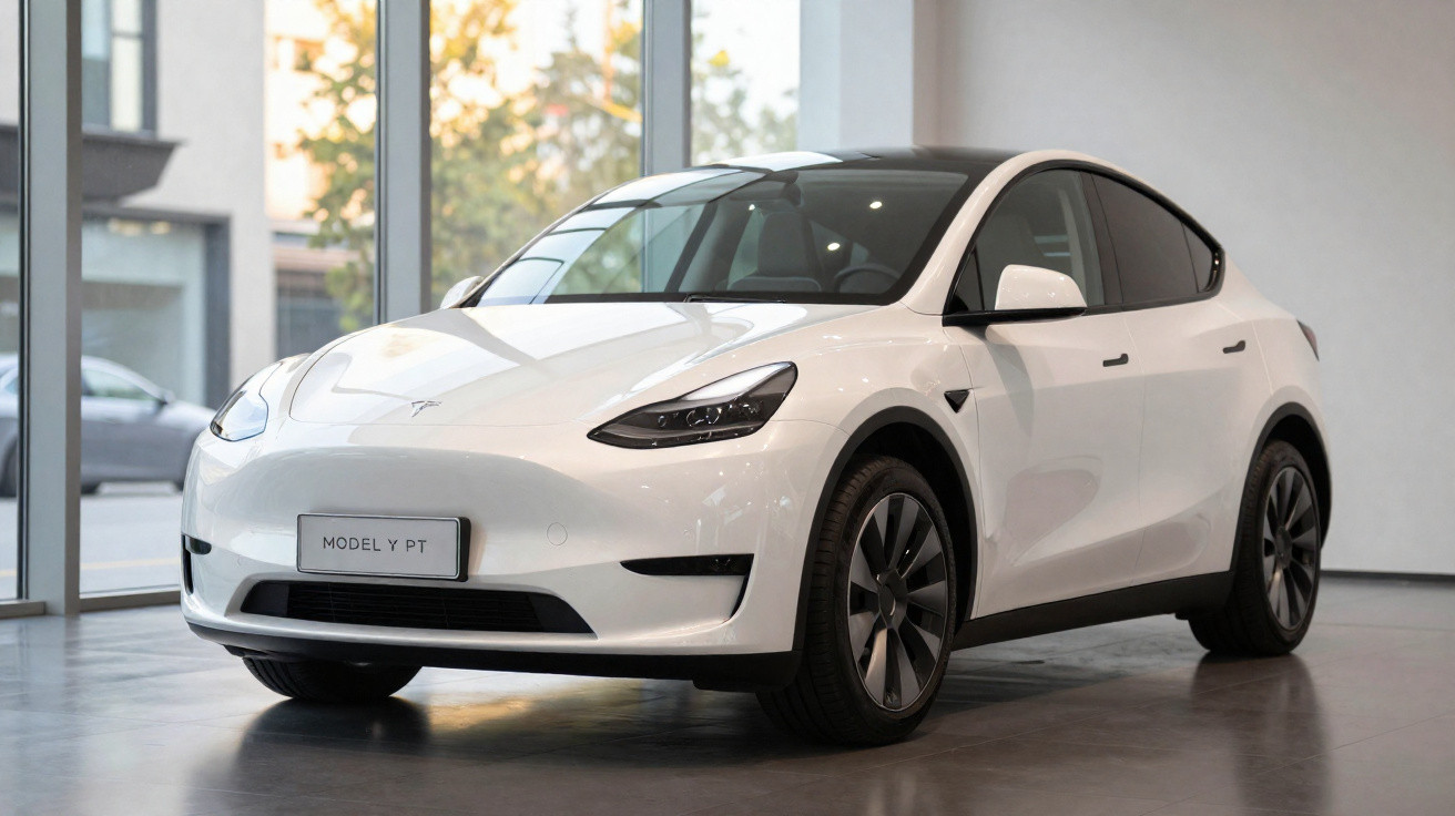 Tesla Model Y branco estacionado em interior moderno com grandes janelas de vidro.