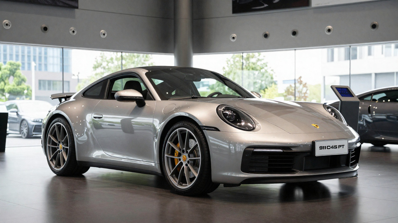 Carro desportivo Porsche 911 prata em exposição num showroom moderno com janelas amplas.