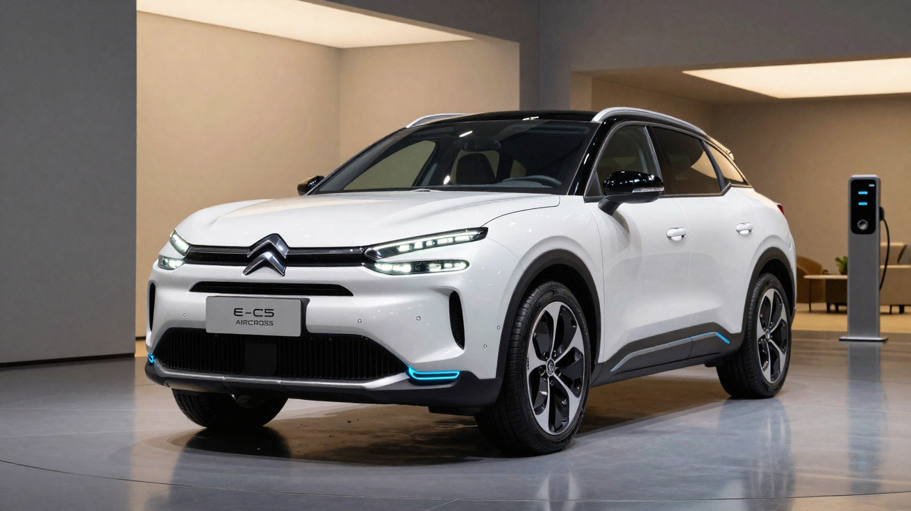 Carro elétrico branco Citroën E-C5 Aircross estacionado em interior moderno com posto de carregamento.