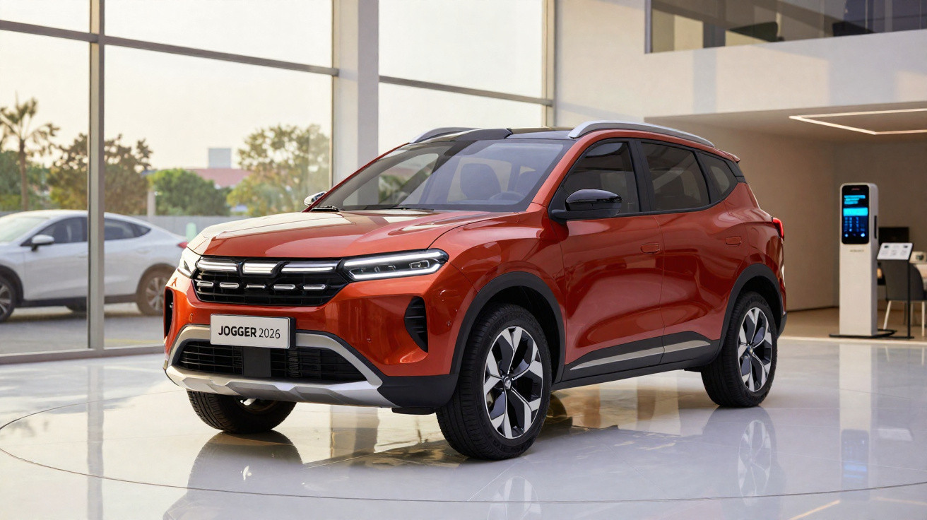 Carro SUV vermelho modelo Jogger 2026 exposto numa sala ampla e moderna com janelas grandes.