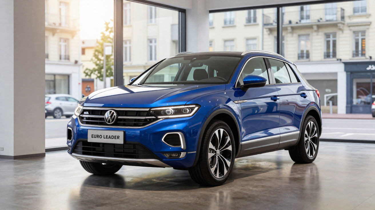 Carro SUV Volkswagen T-Roc azul estacionado em showroom com janelas grandes e cidade ao fundo.