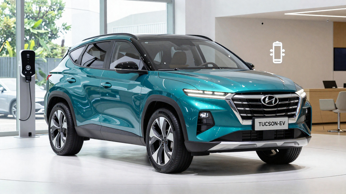 Carro elétrico Hyundai Tucson EV azul estacionado numa sala de exposição moderna.