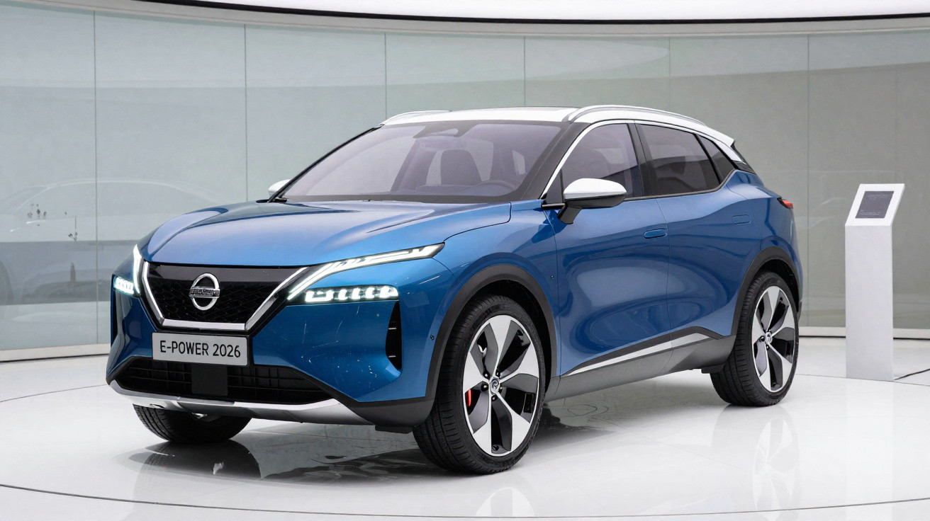 Carro SUV elétrico azul Nissan E-Power 2026 em exposição num ambiente moderno e minimalista.