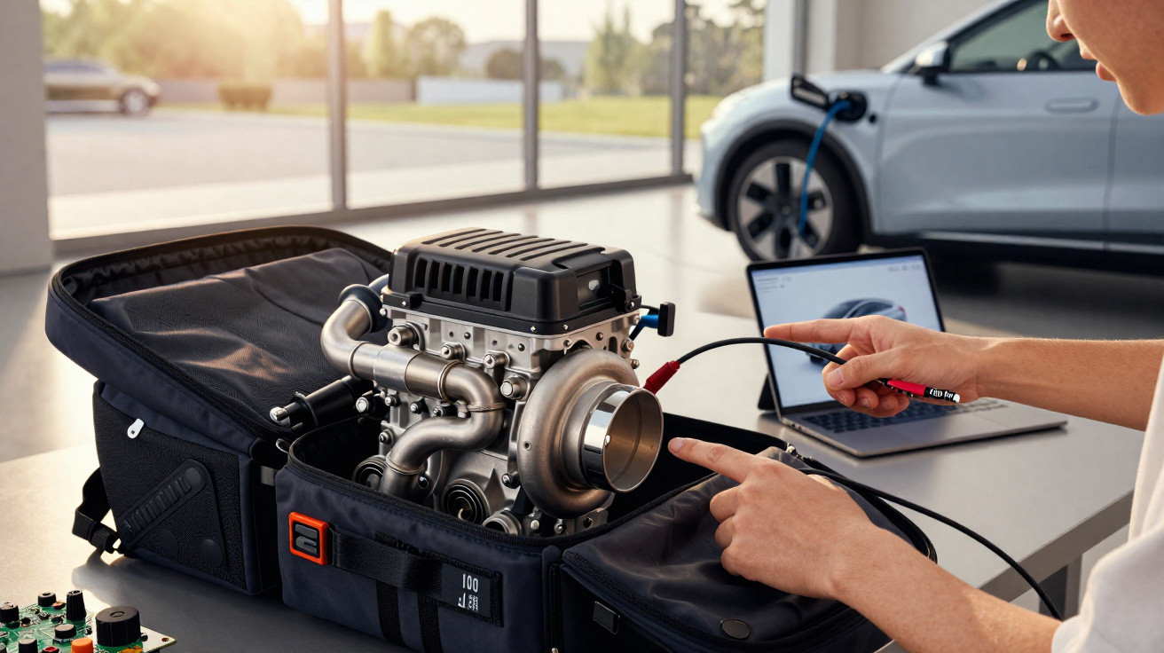 Motor de carro elétrico com turbo em mochila, mãos a conectar cabos e automóvel elétrico ao fundo.