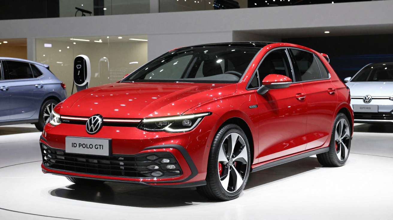 Carro Volkswagen ID Polo GTI vermelho exibido em salão automóvel com luz ambiente branca.