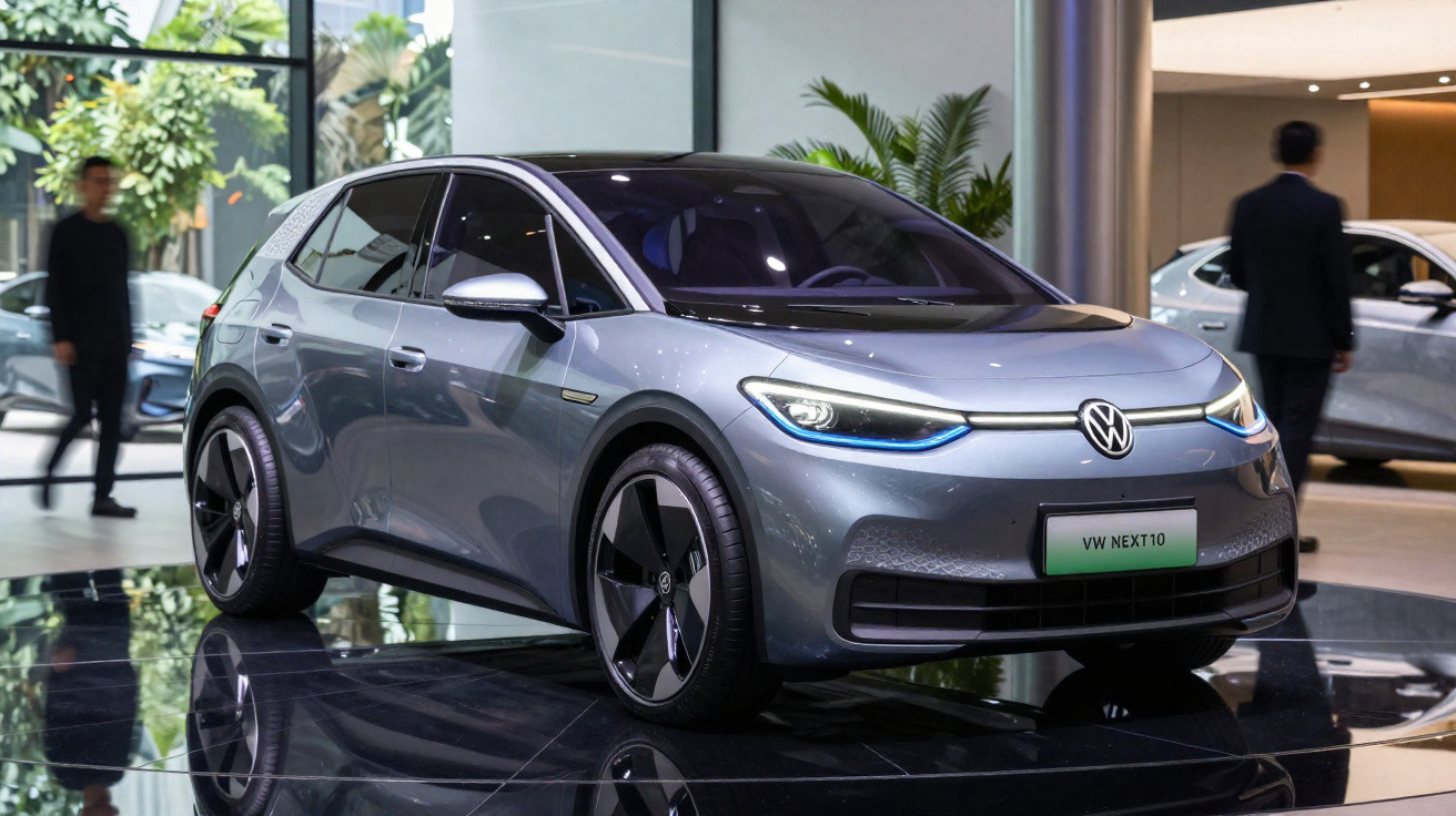 Veículo elétrico cinzento VW ID.3 exposto em showroom moderno com reflexos no chão.