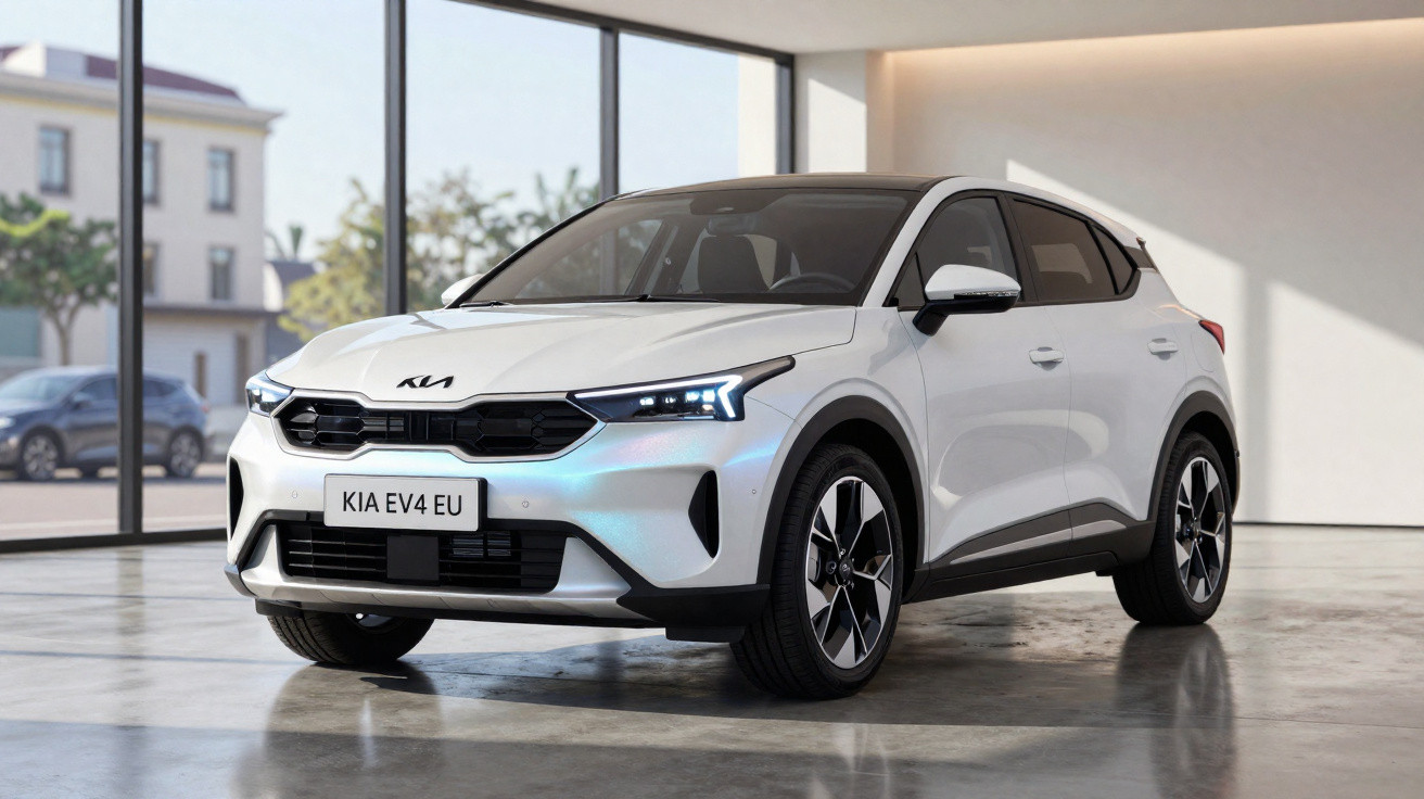 Carro elétrico Kia EV4 branco estacionado num showroom moderno com grandes janelas.