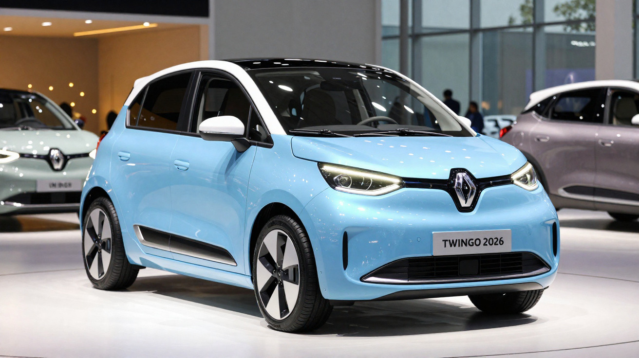 Carro elétrico Renault Twingo 2026 azul exposto num salão automóvel.