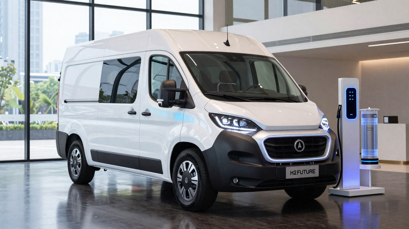 Furgão branco elétrico estacionado em interior moderno ao lado de posto de carregamento.