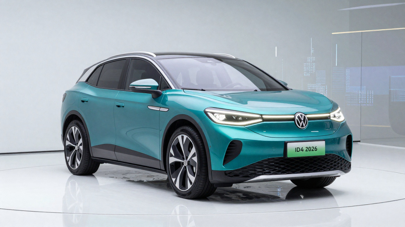 Carro elétrico Volkswagen ID.4 2026 verde azul, em exposição numa sala minimalista branca e moderna.