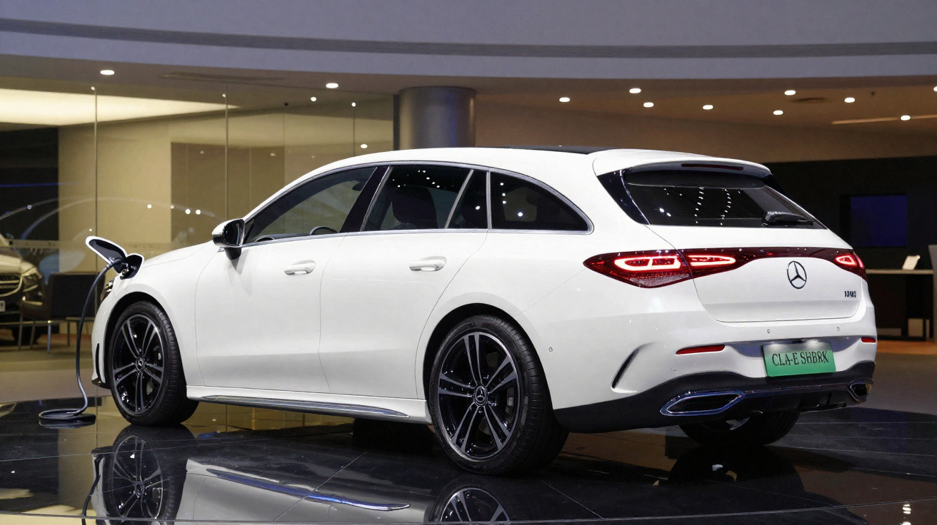 Carro elétrico branco Mercedes-Benz Classe C Wagon a carregar numa exposição interior.