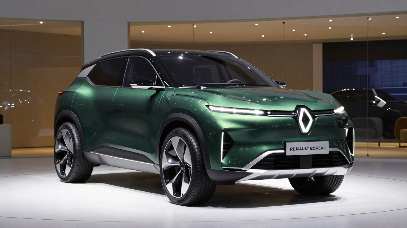 SUV Renault Boreal verde metalizado com tejadilho preto em exposição numa sala iluminada.
