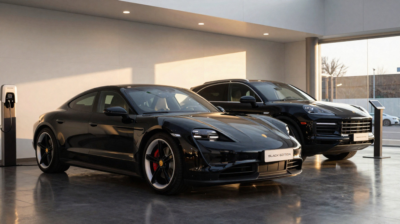 Dois carros pretos Porsche exibidos numa sala moderna com luz natural.