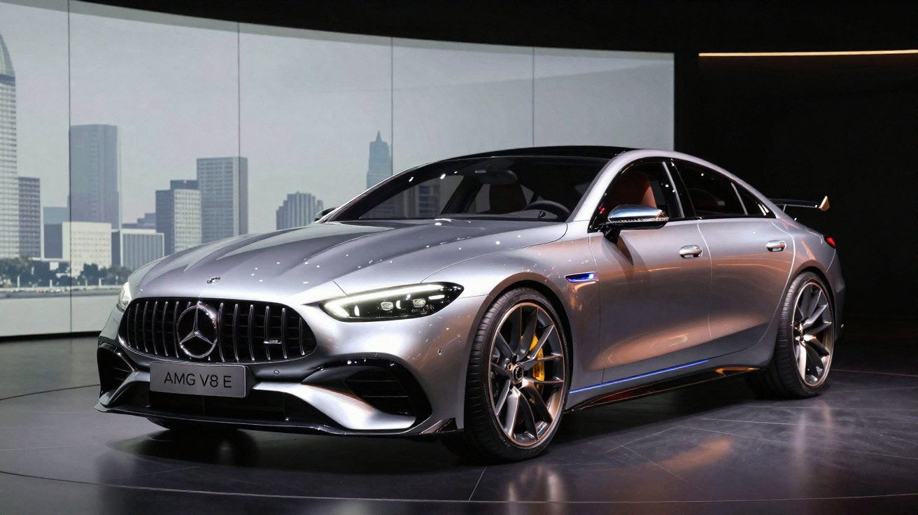 Mercedes-Benz AMG V8 E prata estacionado em sala de exposição com fundo urbano projetado.