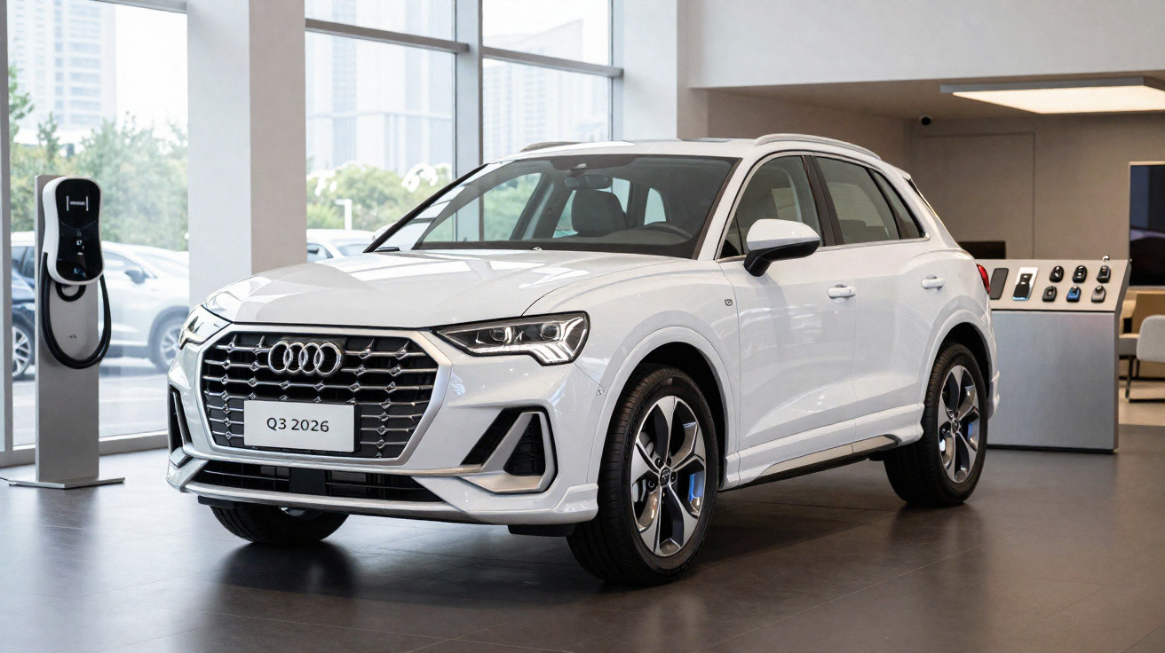 Audi Q3 2026 branco em exposição numa loja, com carregador elétrico visível ao lado.