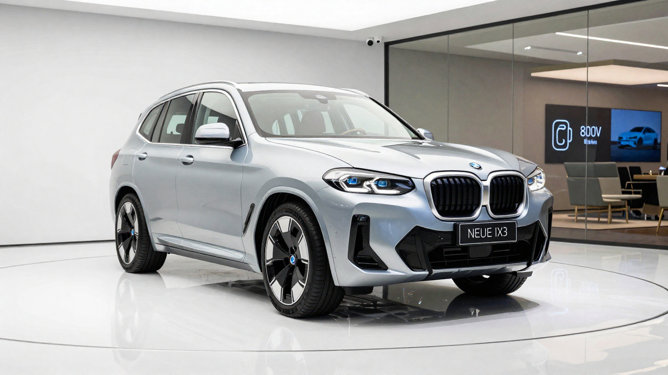 SUV elétrico BMW IX3 prateado exposto em ambiente moderno e minimalista.