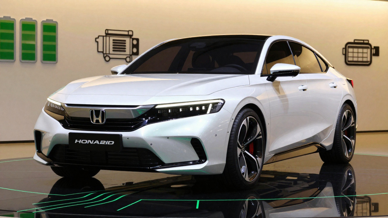Carro elétrico Honda branco em exposição com ícones de bateria e carregamento na parede ao fundo.