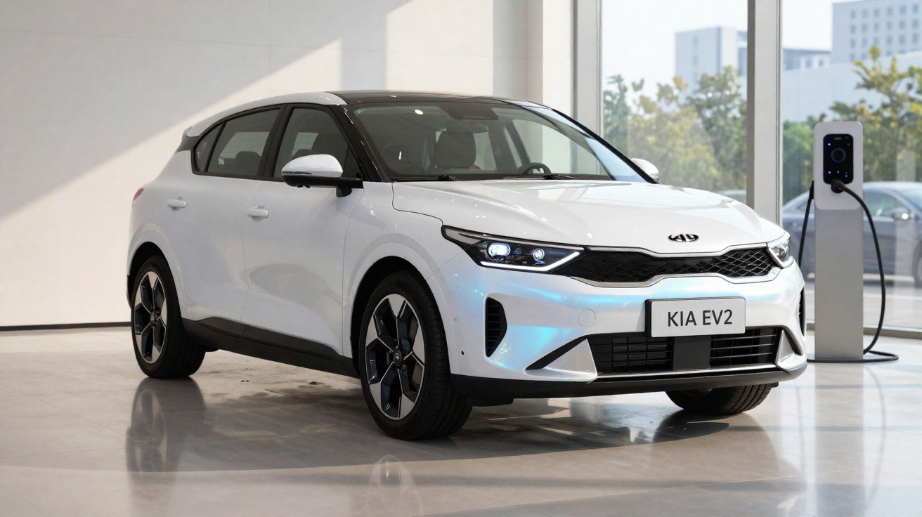 Carro elétrico branco Kia EV2 estacionado junto a posto de carregamento em ambiente moderno e iluminado.
