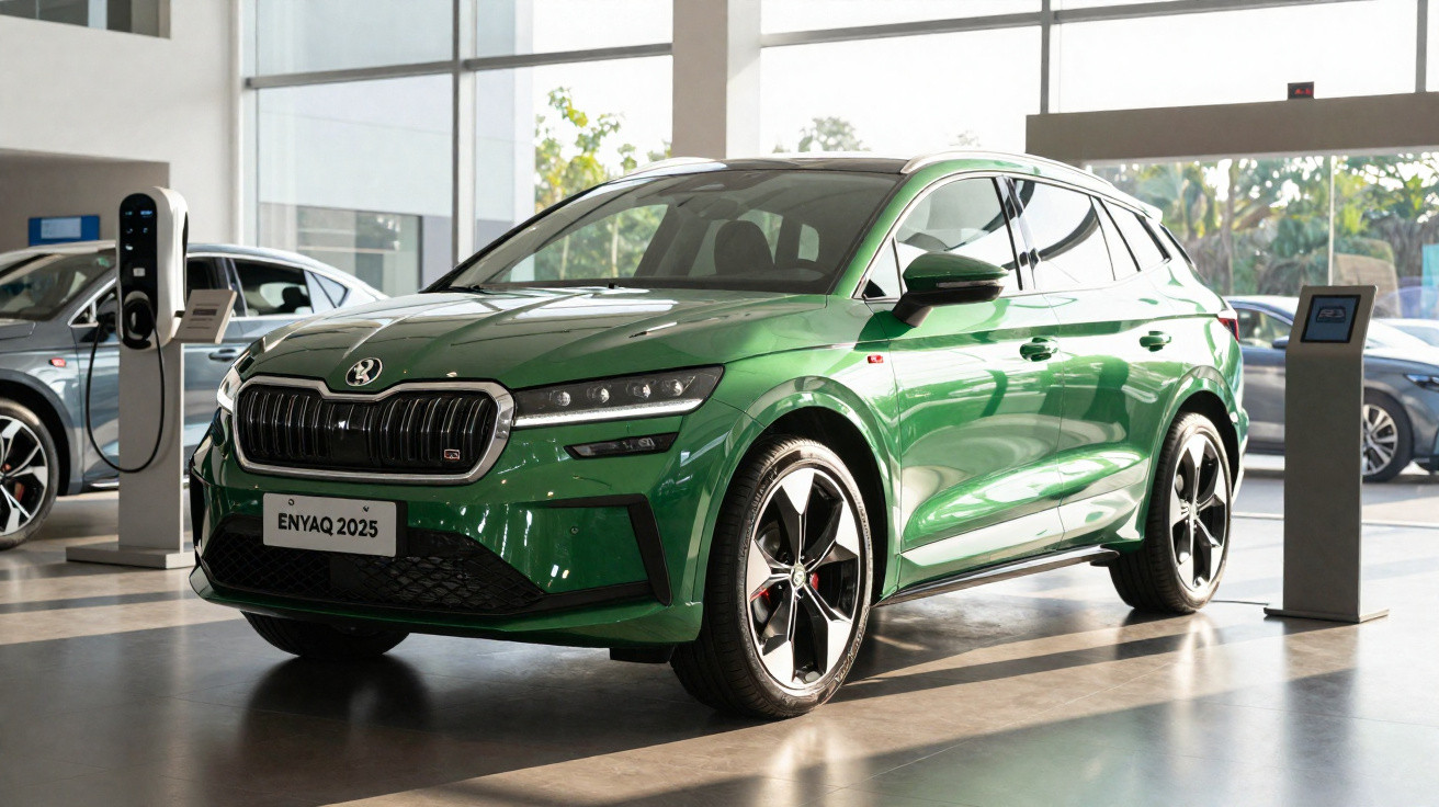Carro elétrico verde Skoda Enyaq 2025 estacionado numa sala de exposição com carregadores elétricos.