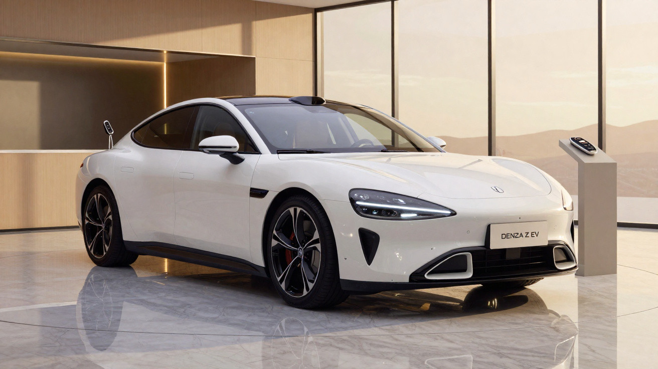 Automóvel elétrico branco Denza Z EV numa sala moderna com chão de mármore e grandes janelas.