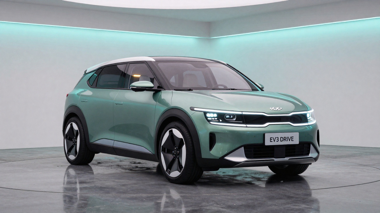 Carro elétrico verde com teto branco estacionado em chão refletor dentro de sala branca iluminada.