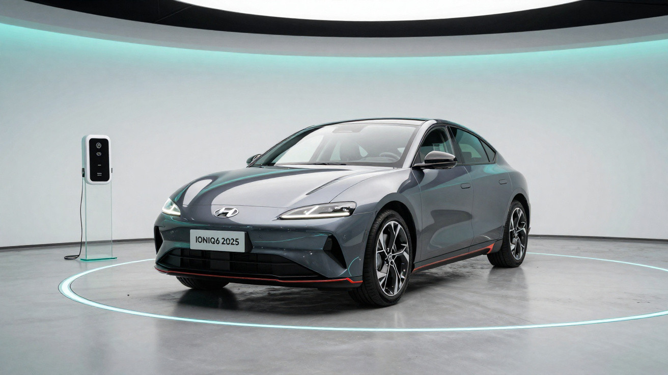 Automóvel elétrico Hyundai IONIQ 6 cinzento estacionado junto a carregador numa sala moderna e iluminada.