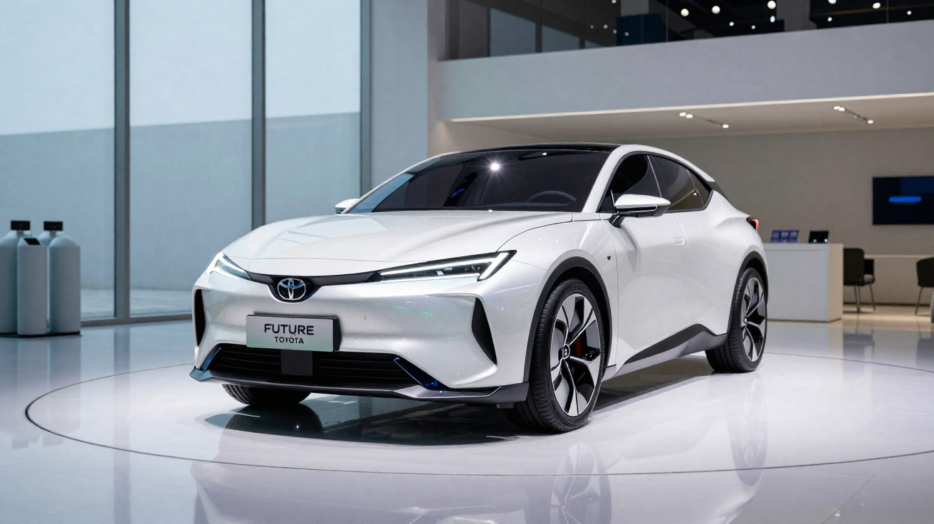 Carro elétrico branco Toyota Future exposto num espaço moderno e minimalista.