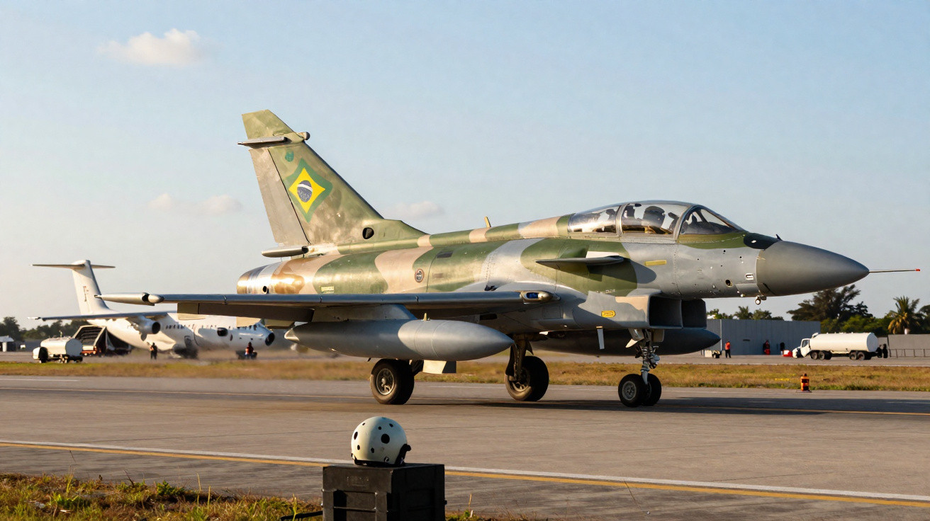 Caça militar brasileiro camuflado em pista de aeroporto durante o dia com céu limpo ao fundo.