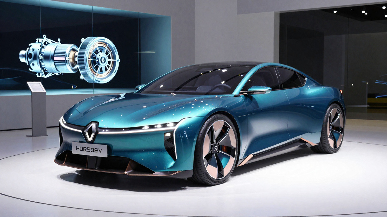 Carro elétrico concept Renault HORSSEV azul exibido em stand moderno com design aerodinâmico futurista.