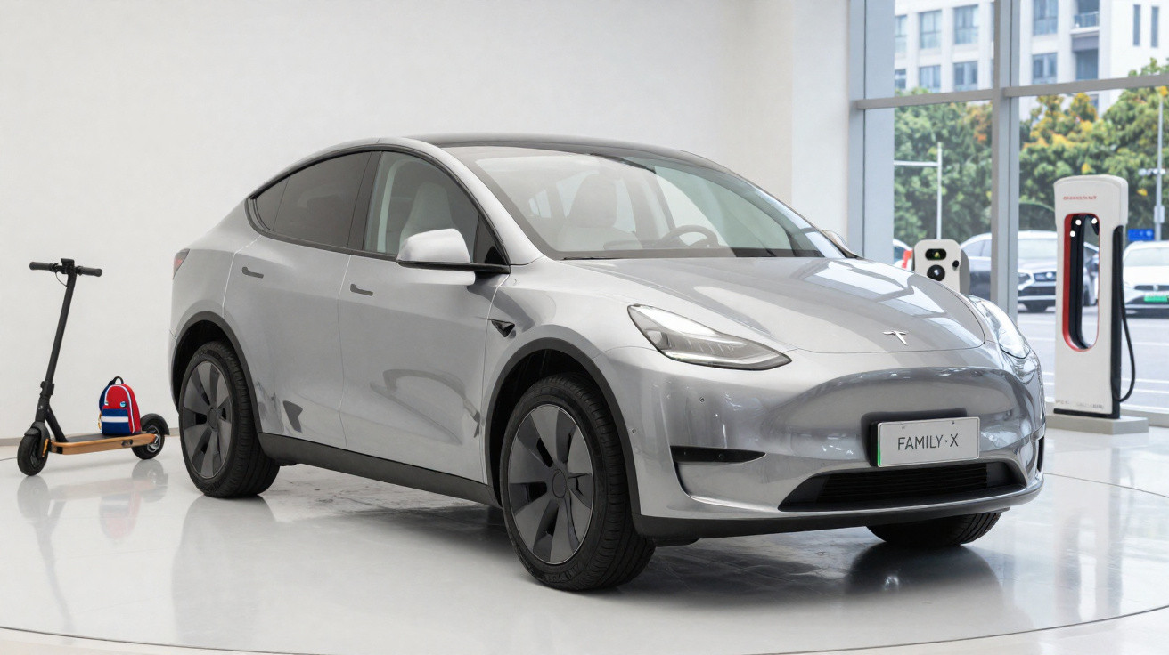 Carro elétrico Tesla prata estacionado em showroom com trotinete elétrica e postos de carregamento ao fundo.