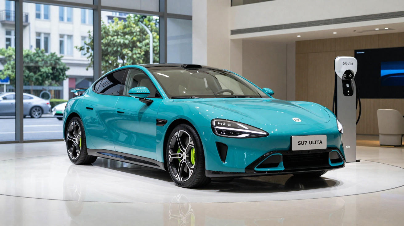 Carro elétrico turquesa Kia SU7 Ultta exposado em showroom moderno com grandes janelas.