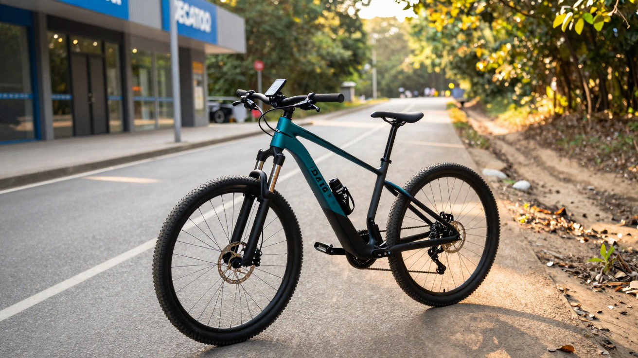 Bicicleta elétrica azul parada numa estrada junto a uma área com árvores e um edifício ao fundo.