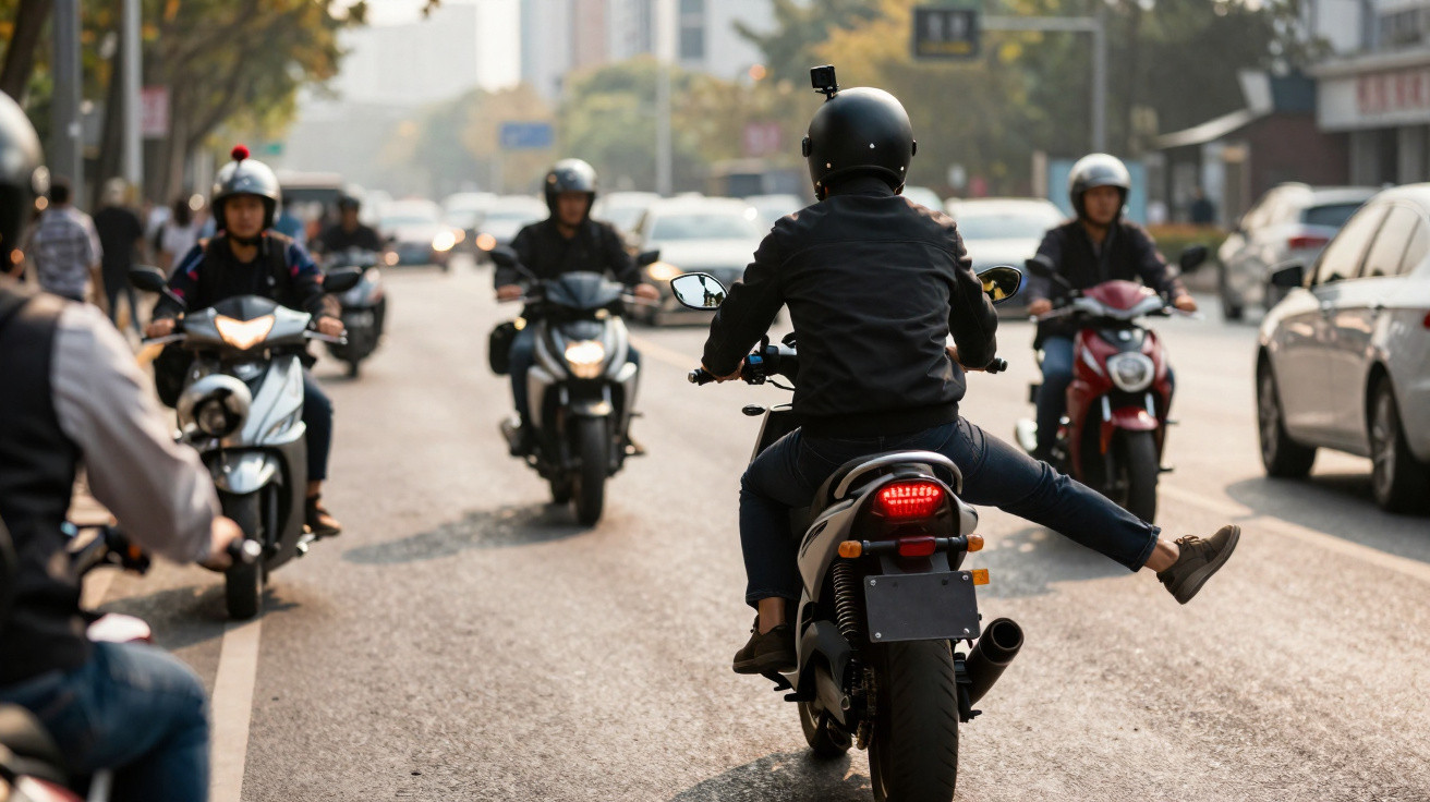 Grupo de motards com capacetes a conduzir motas numa estrada urbana movimentada.