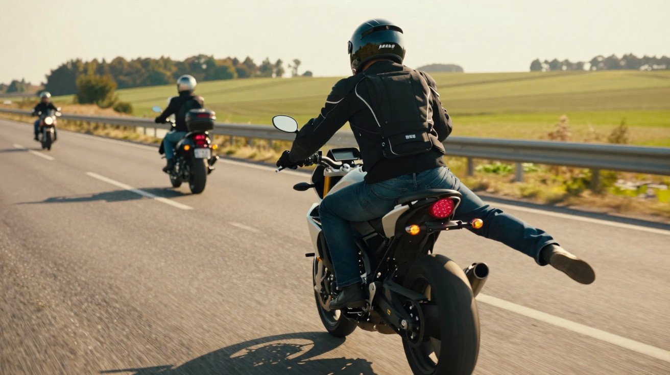Grupo de motociclistas a circular numa estrada rodeada por campos verdes, num dia ensolarado.