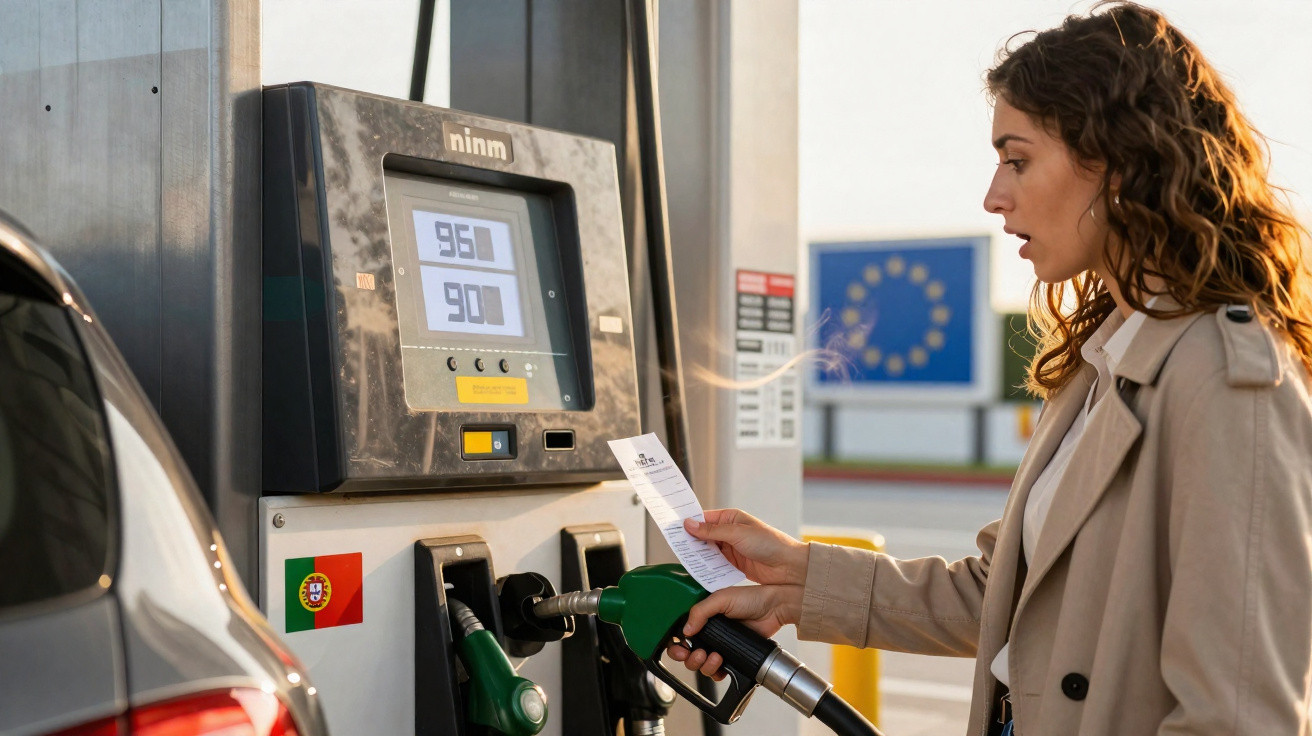 Mulher a abastecer carro com gasolina numa bomba num posto de combustível em Portugal.