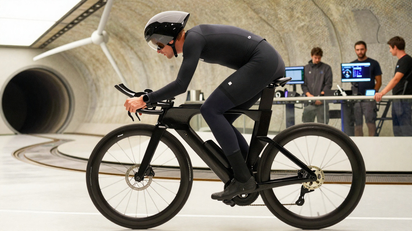 Ciclista em traje aerodinâmico testa bicicleta preta num túnel de vento com três técnicos ao fundo.