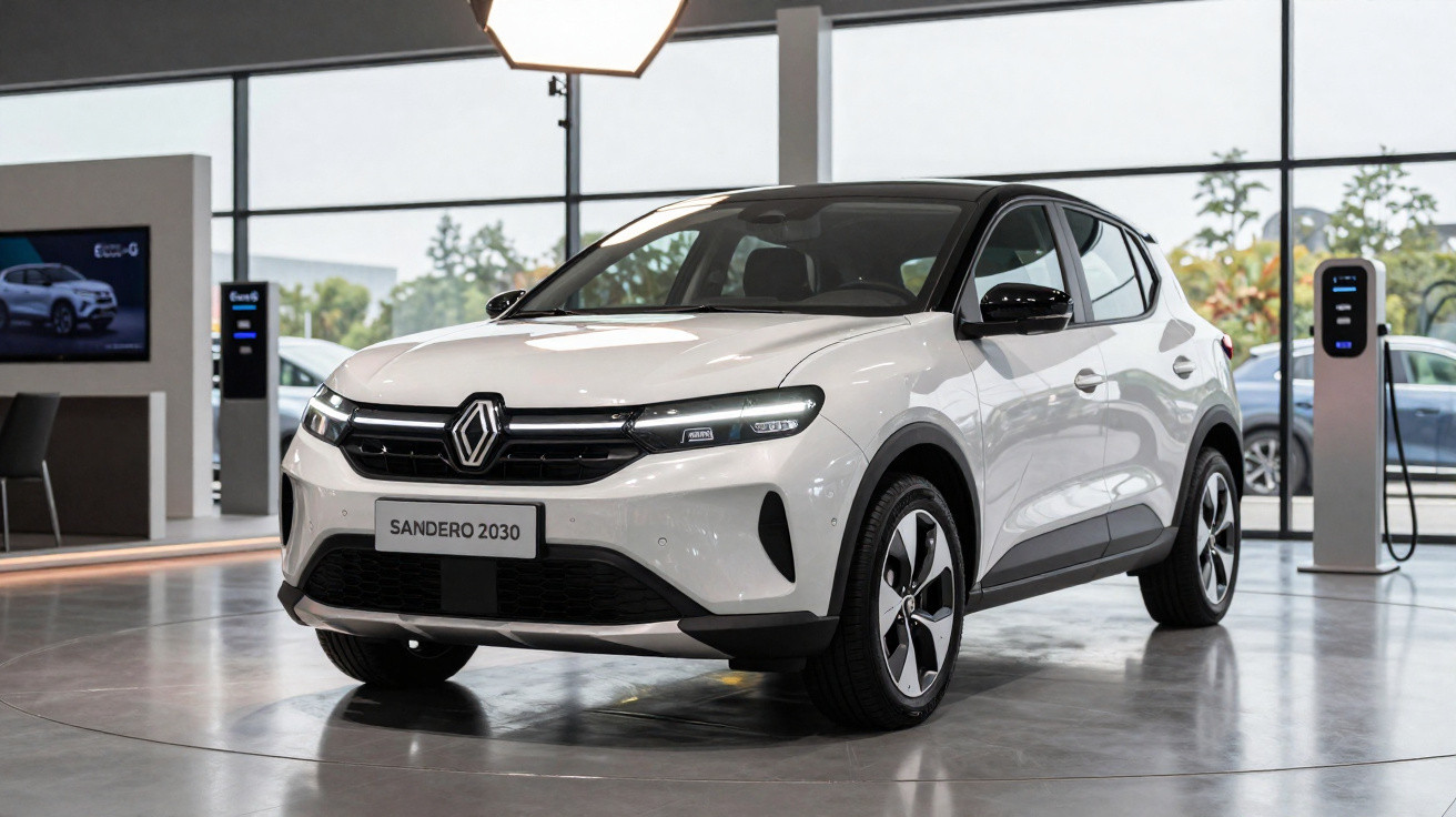 Carro elétrico branco Renault Sandero 2030 exposto em showroom moderno com estações de carregamento.