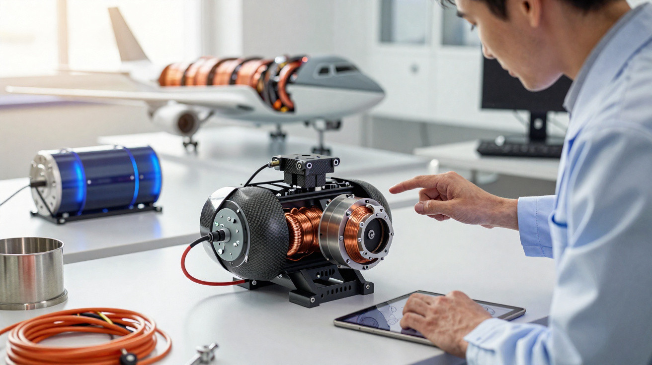 Engenheiro a analisar rotor de motor elétrico com modelo de avião ao fundo numa bancada de laboratório.
