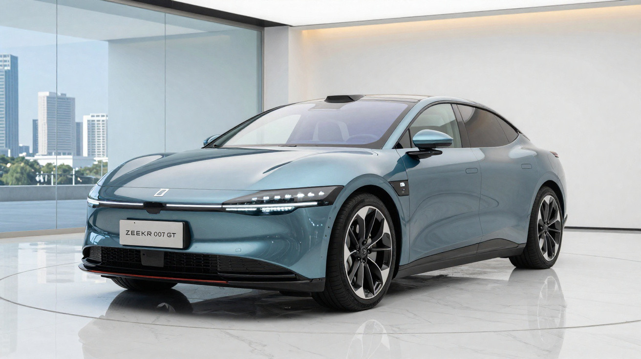 Carro elétrico moderno Zeekr 007 GT azul metálico exposto num showroom com paredes brancas e chão de mármore.