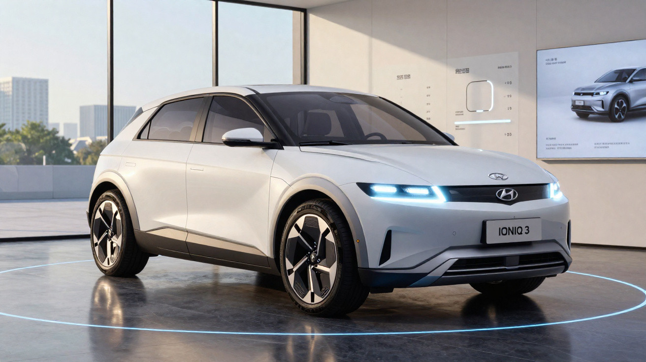 Carro elétrico Hyundai Ioniq 3 branco estacionado em showroom moderno com luzes LED acesas.