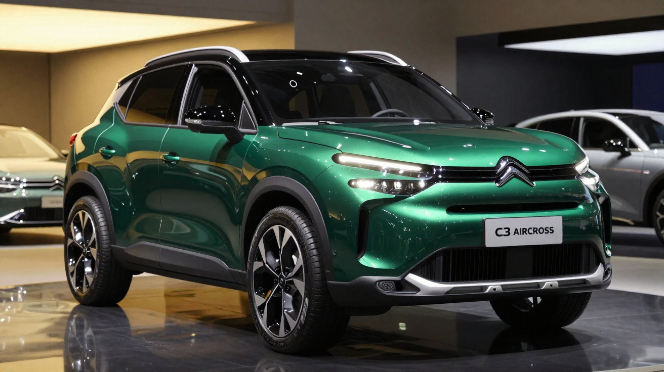 Carro Citroën C3 Aircross verde metálico exposto em salão automóvel, vista frontal lateral.