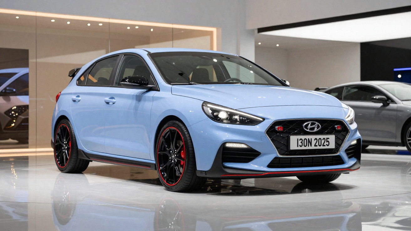 Carro Hyundai i30 N azul claro com detalhes em vermelho exposto em showroom moderno.