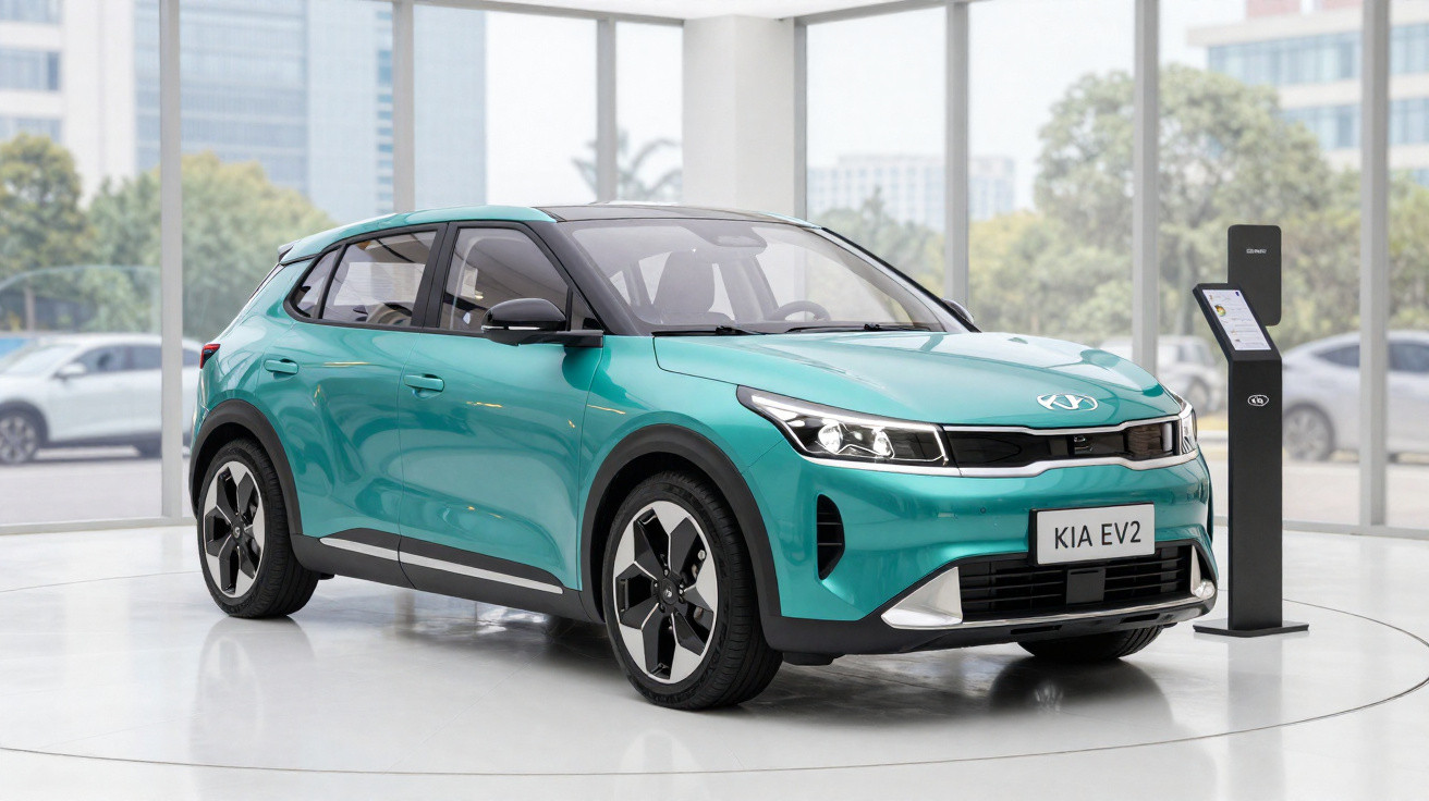 Carro elétrico Kia EV2 verde em exposição num espaço moderno com grandes janelas.