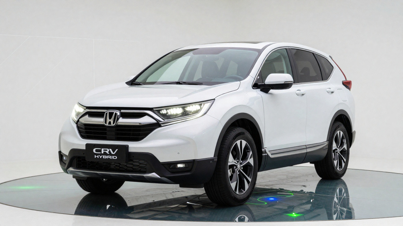 Carro Honda CR-V híbrido branco, SUV moderno, visto de frente e ligeiramente lateral, em fundo branco.