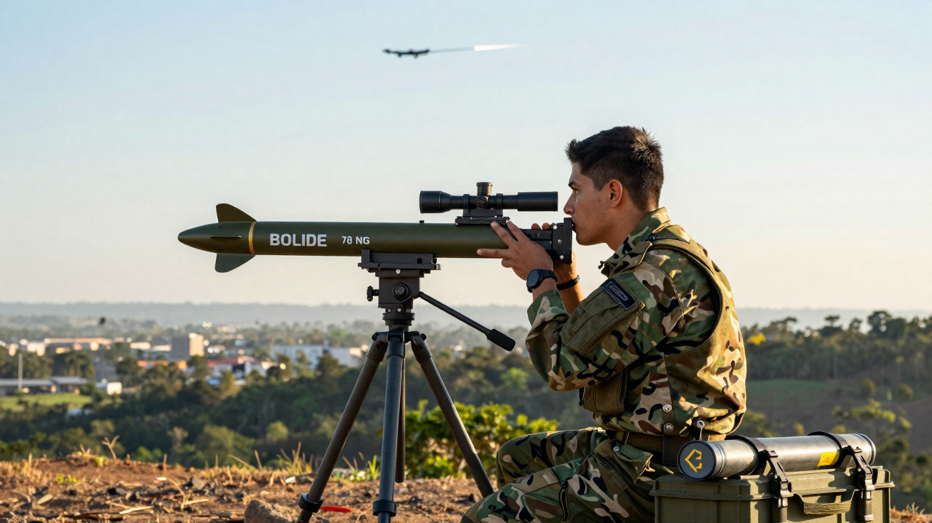 Militar em uniforme camuflado mira lançador de foguetes Bolide 78 NG com míssil em voo ao fundo.