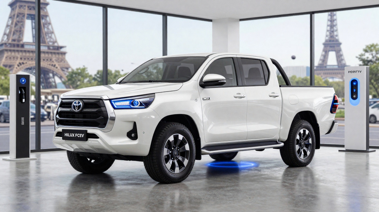 Pick-up Toyota Hilux FCEV branca estacionada em espaço interior com postos de carregamento e Torre Eiffel ao fundo.