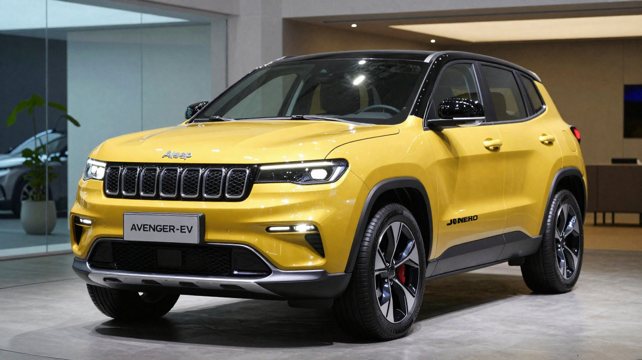 SUV elétrico amarelo Jenero Avenger-EV estacionado em interior moderno com janelas de vidro.