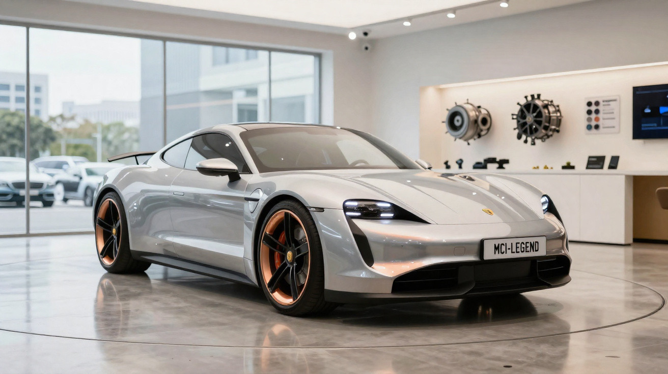 Carro desportivo elétrico prateado exposto em showroom moderno com vidraças e objetos técnicos na parede.