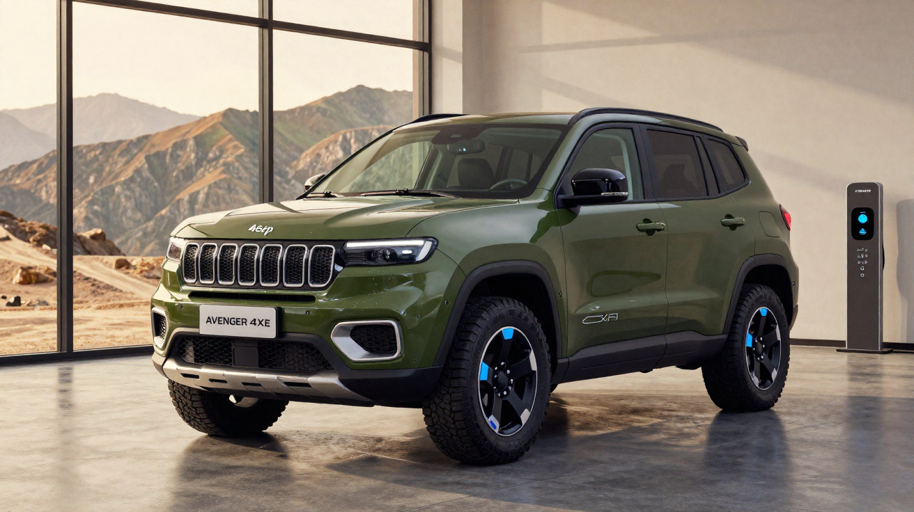 Jeep Avenger 4XE verde estacionado junto a parede com carregador elétrico num espaço interior com vista para montanhas.