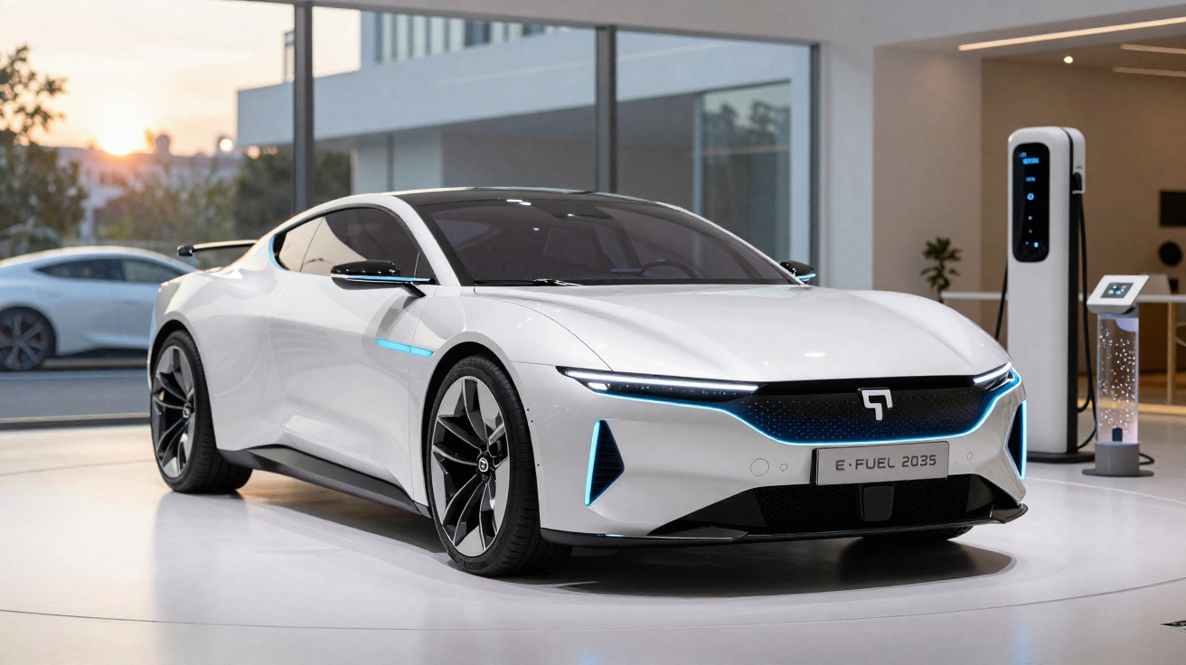 Carro elétrico desportivo branco estacionado em showroom moderno com estação de carregamento ao lado.
